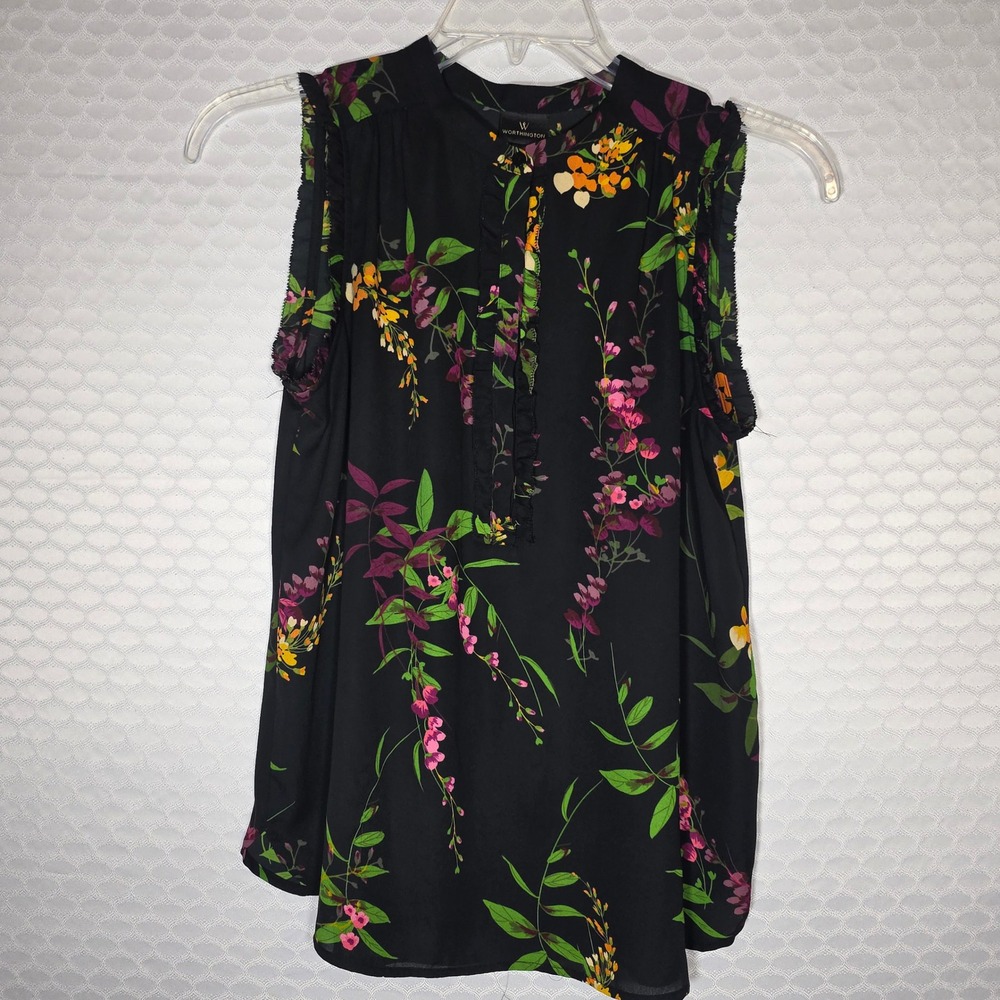 Worthington Womens Small Black Floral Sleeveless Ruffle Button Front Blouse